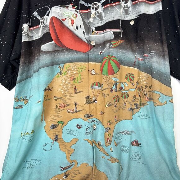 Vintage Tori Richard Christmas Map Shirt Mens Large Santa Seaplane Holiday Aloha - Picture 3 of 13